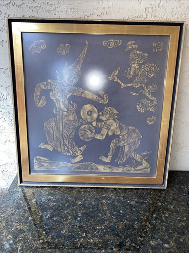 Vintage Framed Black Brown Hindu Dancing Goddess Artwork Print 21.5 X 20.5in.