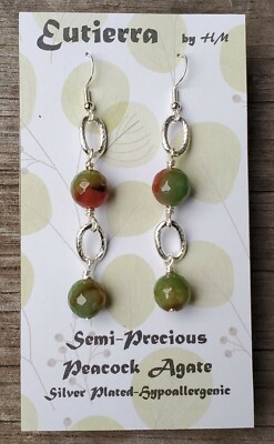 Eutierra Semi-Precious Peacock Agate Earrings Hand Crafted USA Silver Plated 