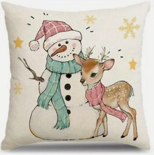 Vintage Pink/White Snowman Reindeer Pillow Cover, 18", Great Gift; High Quality