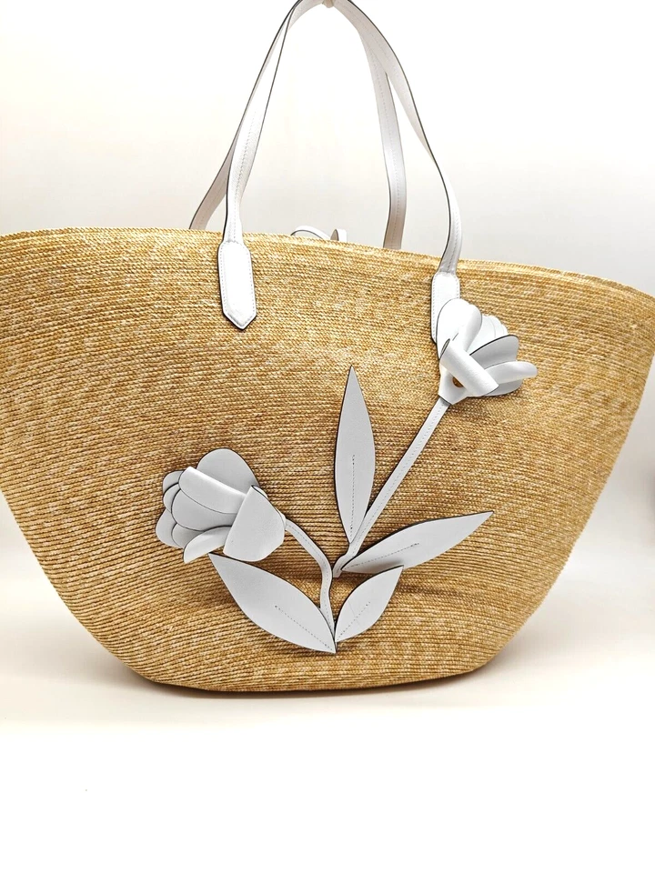 Bolso grande OSCAR DE LA RENTA tulipán rafia + bolsa antipolvo --NATURAL/BLANCO Foto 3 de 4