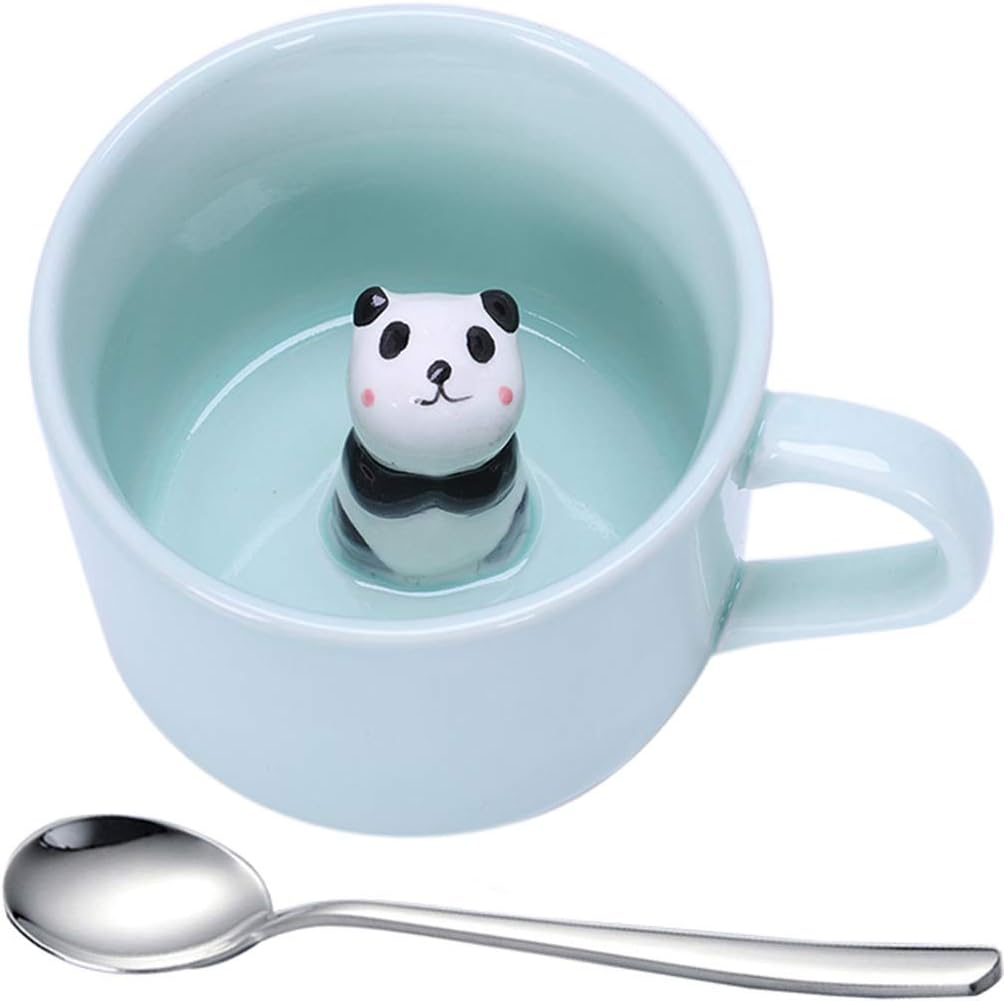Panda Cup Bottom Animal Stereo Coffee Mug, 2Pcs Ceramic Milk Cup with Spoon, Dri