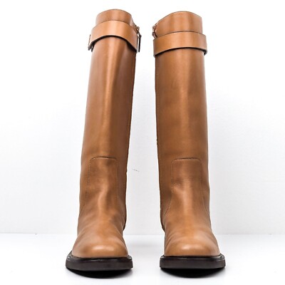 Tory Burch Women Double T Strap Tan Leather Riding Zip Knee  display picture 1