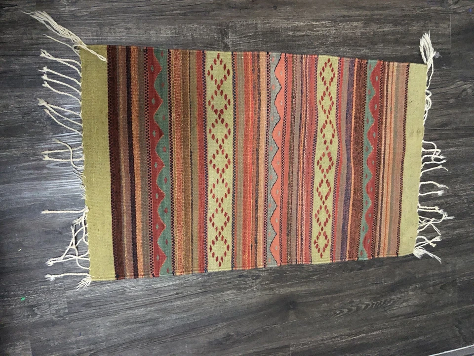 Alfombra Hecha a Mano Flecos Vintage Multicolor Rayas 22x36" Estilo Suroeste Foto 2 de 4