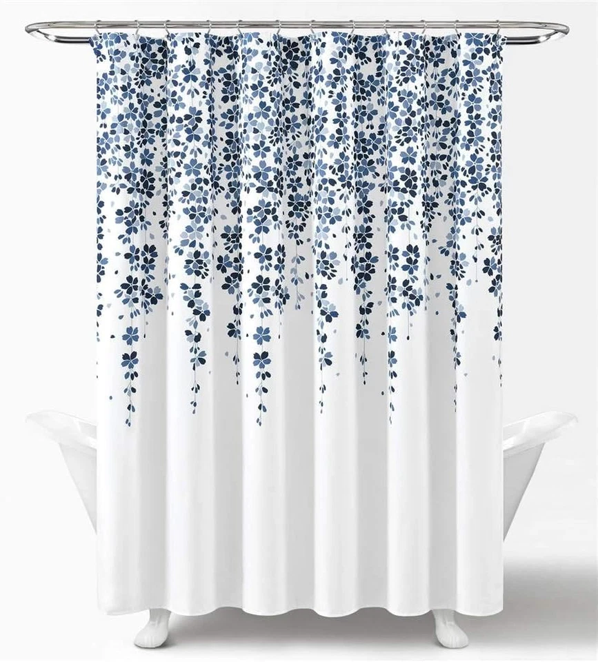 Cortina de Ducha Flor Llorosa, 72 in X 72 in (H X W), Azul Marino y Azul Foto 2 de 4