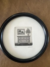 Vintage Hand Drawing Dresser Painting Plant Oval Framed Art