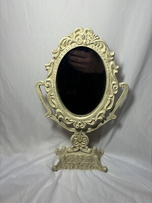 14  Ornate Victorian Cast Iron Tabletop Pedestal Vanity Mirror Floral Motif