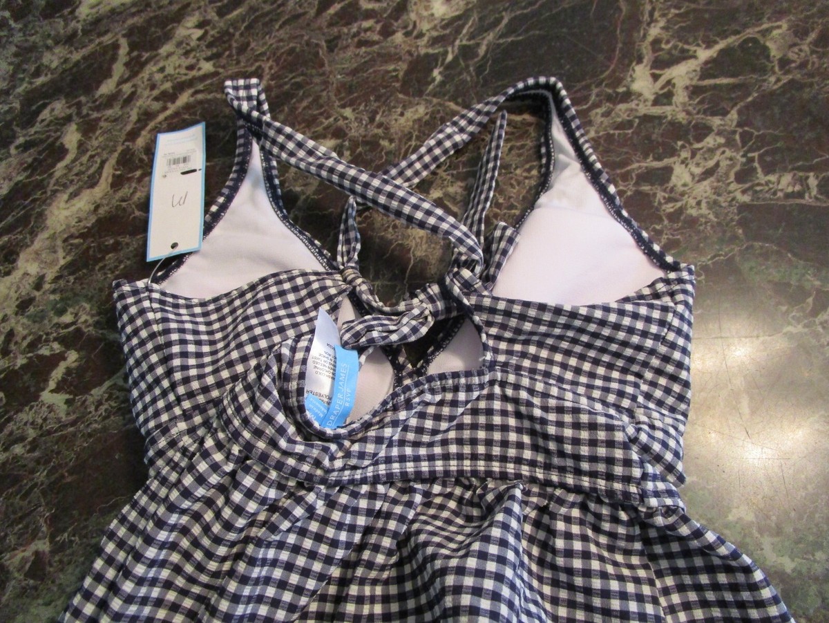 DRAPER JAMES for Lands End DEEP SEA BLUE GINGHAM HALTER SWIM TOP