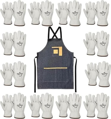 Giorgino 12 Pairs Leather Work Gloves Men with FREE Denim Apron, Heavy Duty