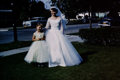 1950s Woman Girl Wedding  Dresses Red Border Kodachrome  Slide AL-B