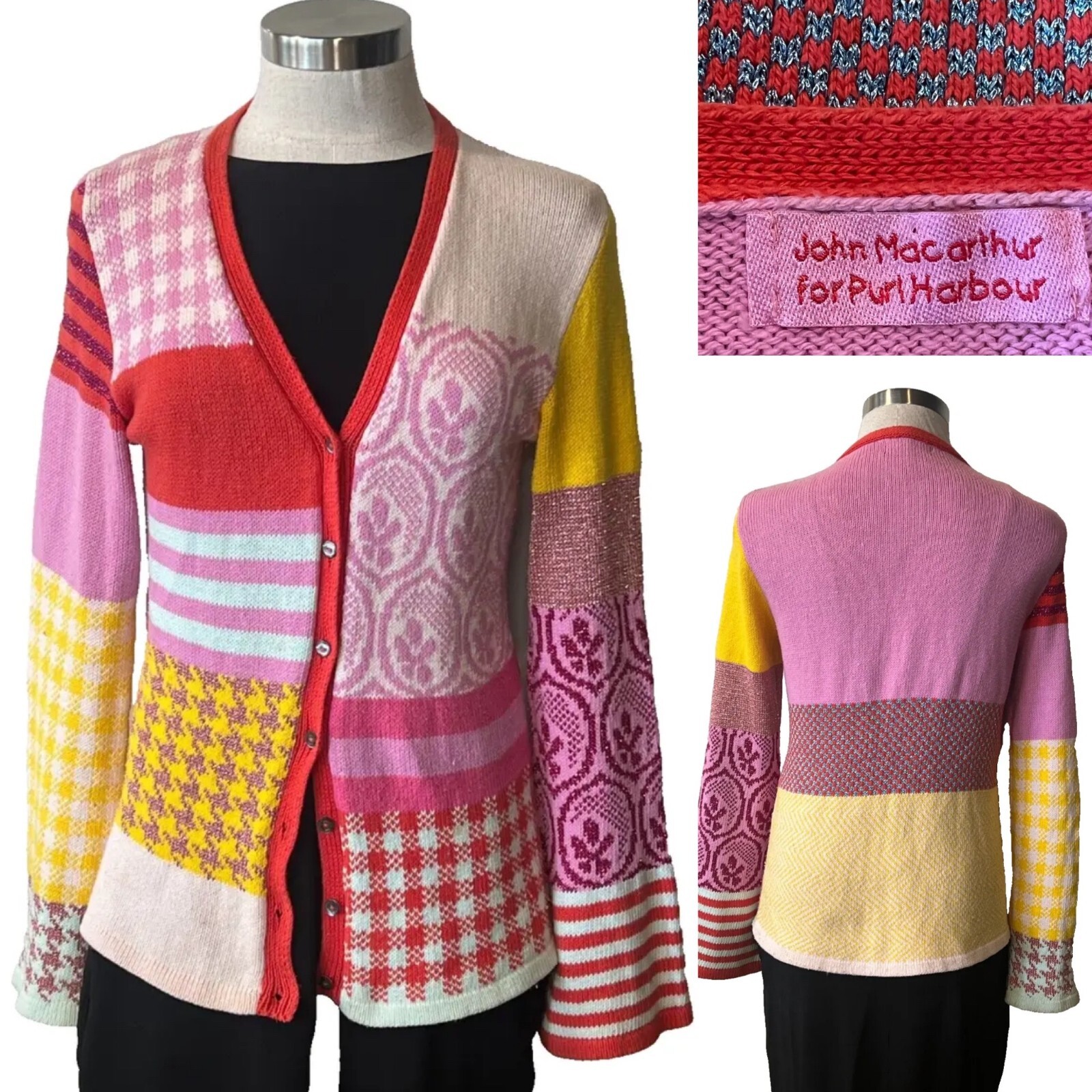 JOHN MACARTHUR for PURL HARBOUR Pink Multi-Pattern Handknit Cotton Cardigan S-M