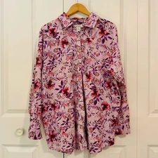 CW Classics Purple Pink Floral Cotton Button Down Long Sleeve Top Plus Size 1X
