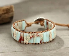  Stone Beaded Aqua Sea Sediment Bracelet with Braided PU Leather Adjustable 