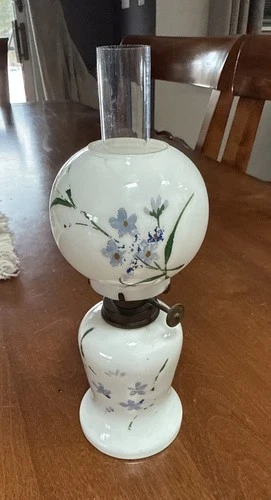 Antique Milk Glass Mini Oil Lamp Hand Painted - 1890-1900