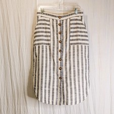 Anthropologie Maeve Chiloe Button Front Striped Midi Skirt 10 Side Slits