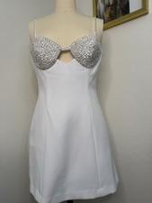 Giannibini White Satin Beaded Sweetheart Neck Short A-Line Dress Sleeveless 10