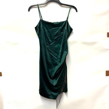 Guess Womens M Forest Green Satin Fringe Bodycon Sheath Mini Dress PREOWNED D54