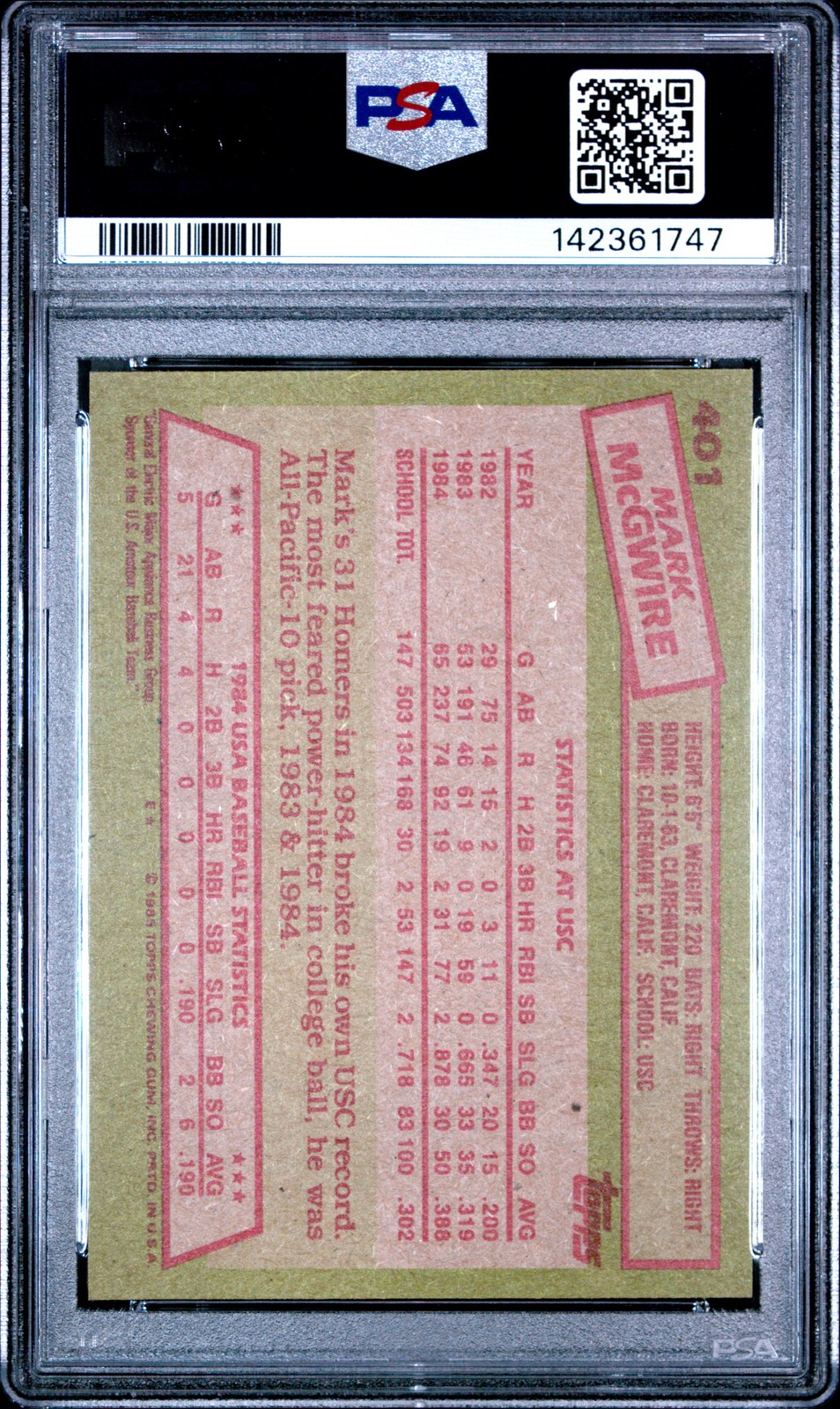 1985 TOPPS 1984 USA BASEBALL TEAM #401 MARK MCGWIRE PSA 8 view 2
