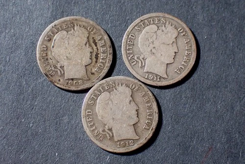 A Lot of 3 silver Barber dimes 1908D 11D 12D Good/VG  Cond set RGR 502