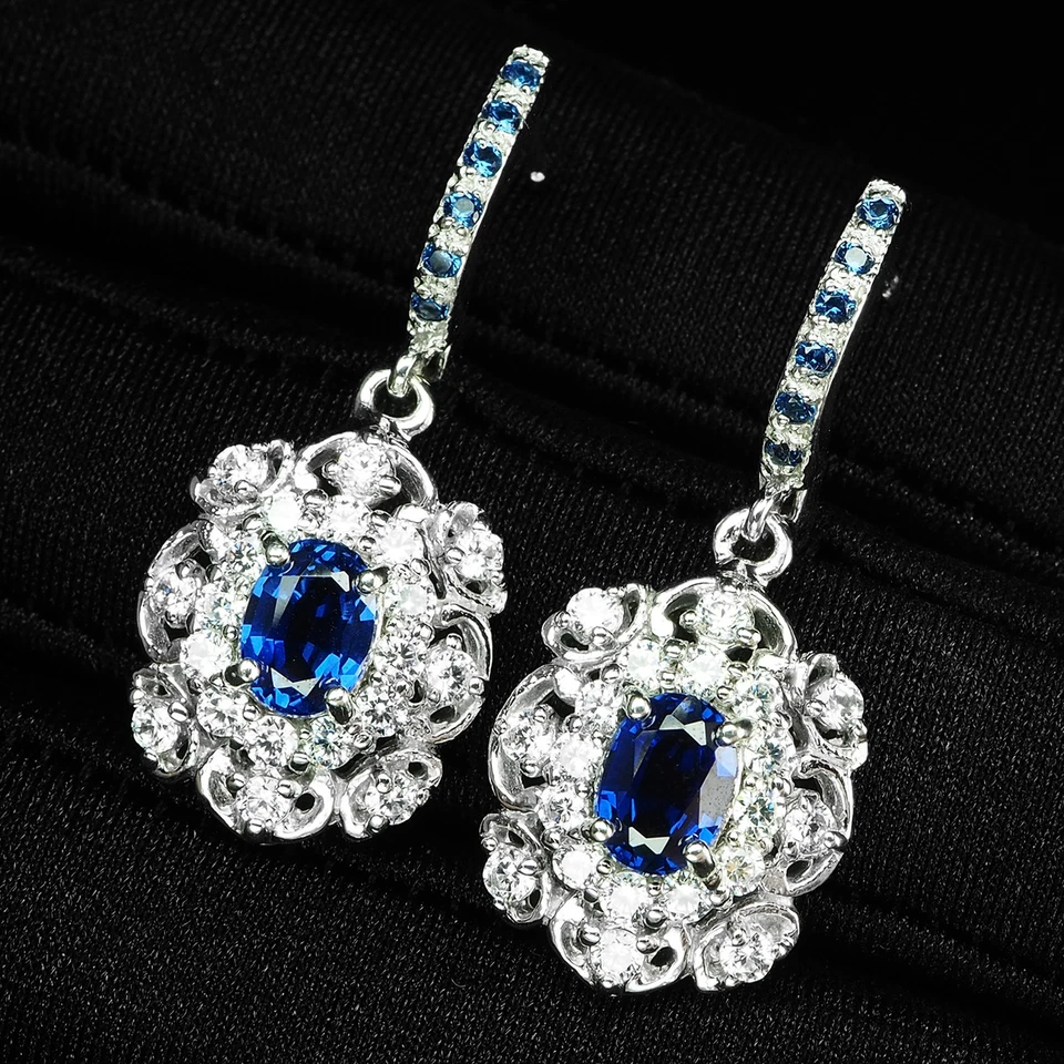 PENDIENTES EXQUISITOS DE ORO BLANCO DE PLATA DE LEY 925 DE 2,40 QUILATES ZAFIRO AZUL REAL Foto 3 de 4