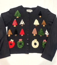JACK B QUICK Vtg Black Embroidered Christmas Tree Knit Cardigan Petite PS