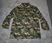 Vintage Military Jacket M65 Field Coat Drawstring Woodland Camo Camouflage Green