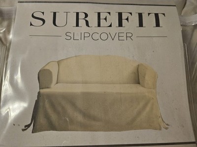 SureFit Cotton Duck Loveseat T-Cushion One Piece Slipcover, Furniture Cover Grey