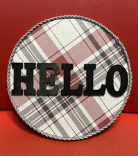 Round Wooden "Hello" Decorative Sign, Plaid Pattern, Home Decor White/Red