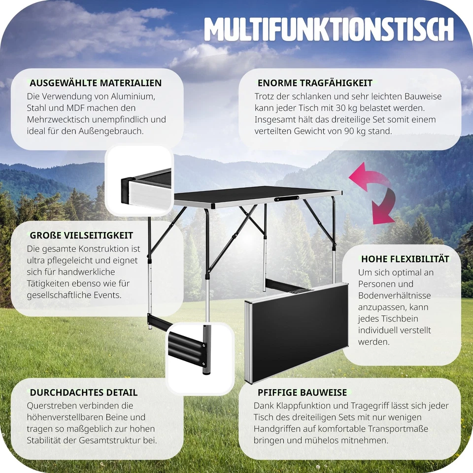 Alu Tapeziertisch 3 teilig Mehrzwecktisch Klappbar 300x60 cm Multifunktionstisch - Bild 4 von 4