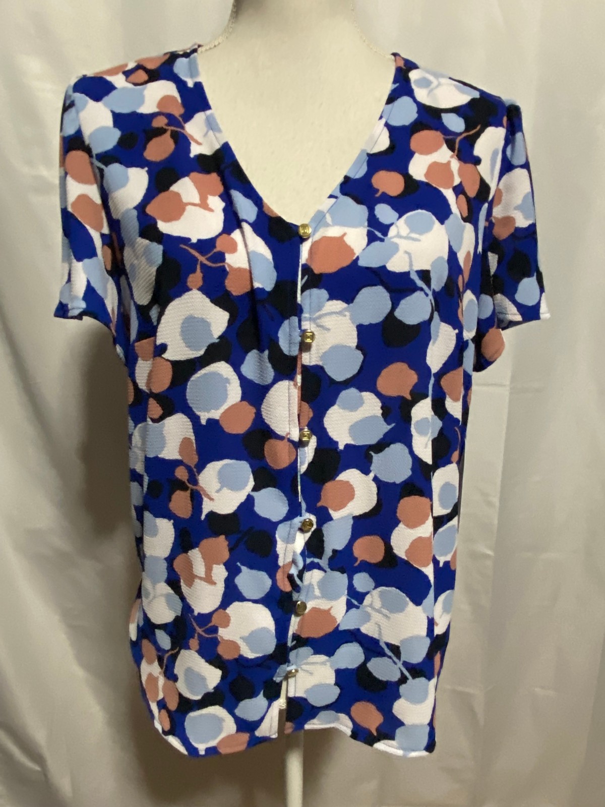 Liz Claiborne Womens Bold Blue V Neck Short Sleeve Blouse, Size Medium, NWT