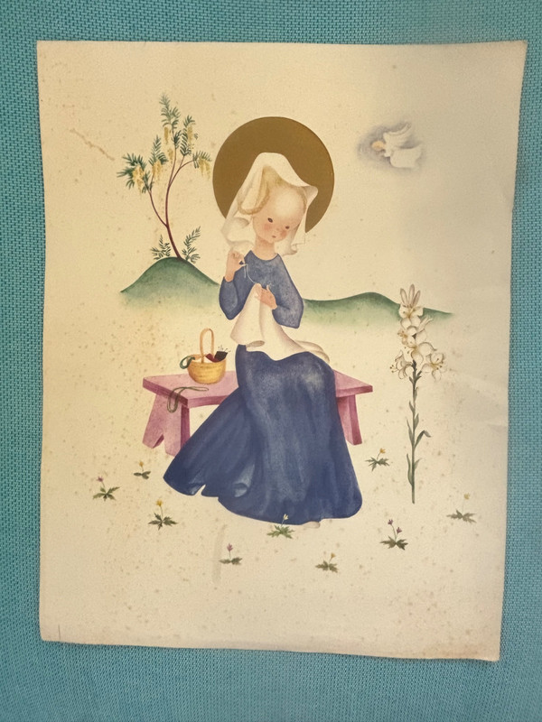 VINTAGE 1950s PRINT by JOSETTE BOLAND of MARY (MADONNA) SEWING W/ANGEL ABOVE