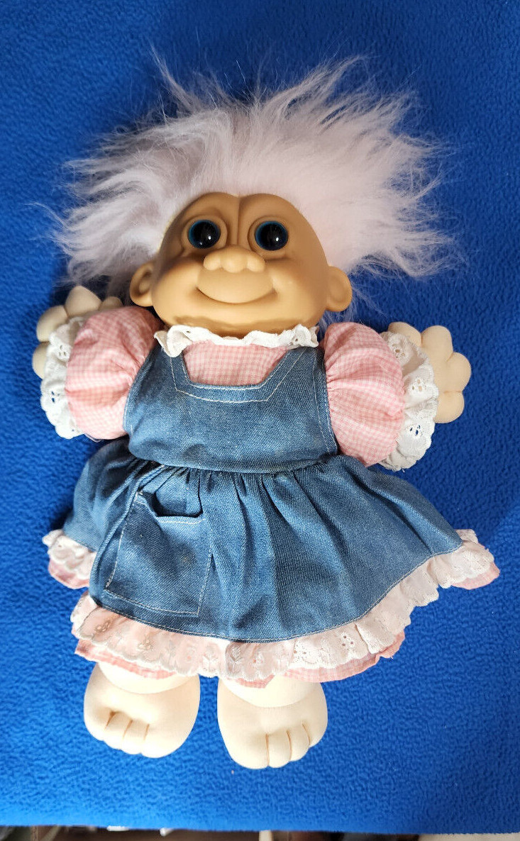 VINTAGE TROLL DOLL WITH PINK HAIR PLUS A PINK & BLUE DRESS eBay