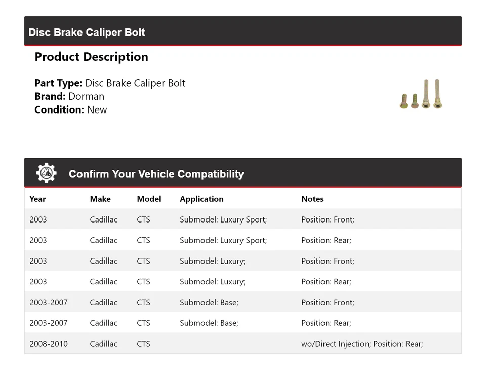 Pinza de freno de disco para Cadillac CTS Dorman 2003-2010 perno 2004 2005 2006 2007 Foto 2 de 4