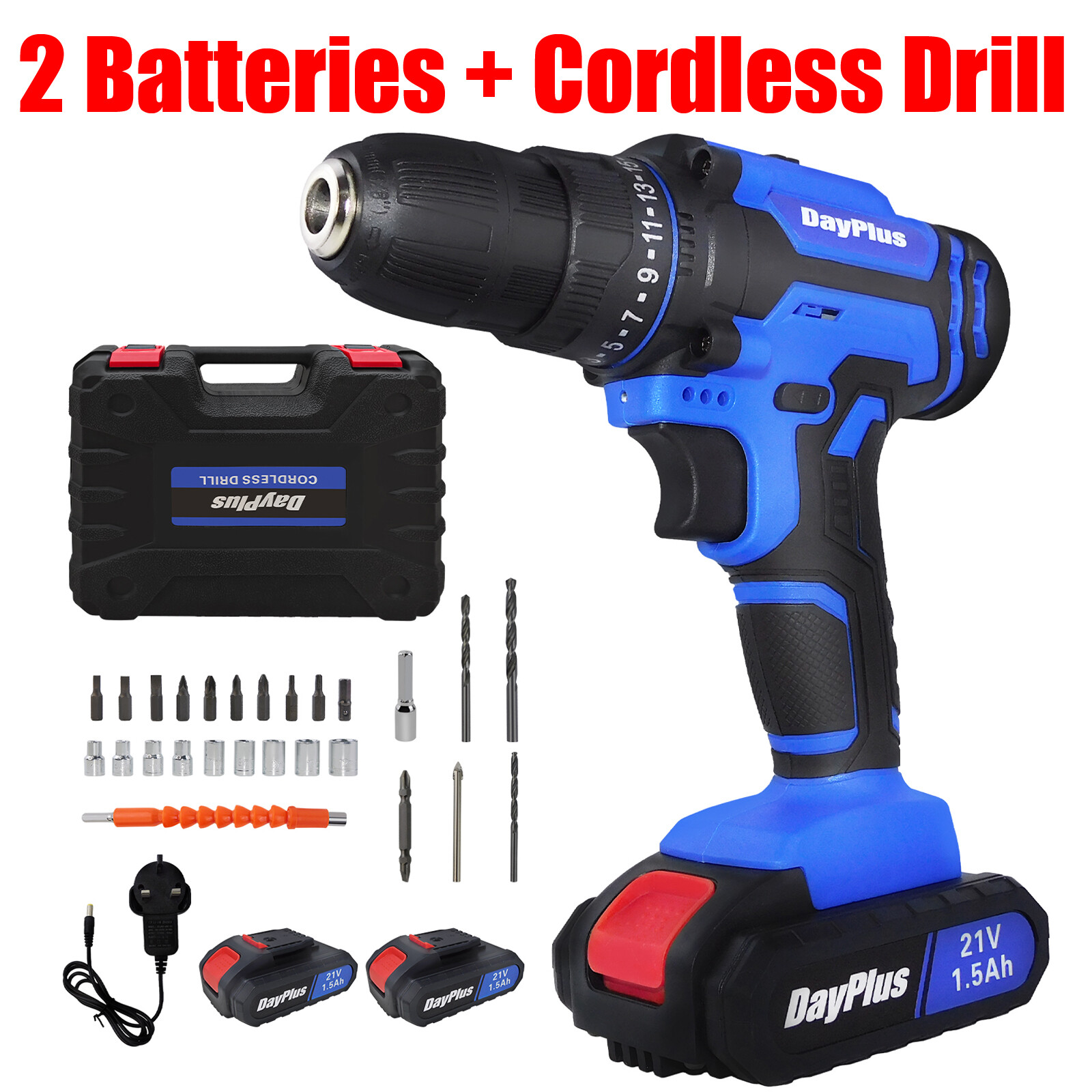 21V Cordless Power Drill with 12 Batteries and Charger 3/8 inch