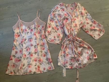 Vintage jaclyn Smith L Chemise Pink Roses nightgown robe peignoir set sexy 36”