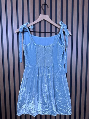 Reformation Mini Dress 6 / S Blue Crushed Velvet Shoulder Tie Smocked Back  Silk