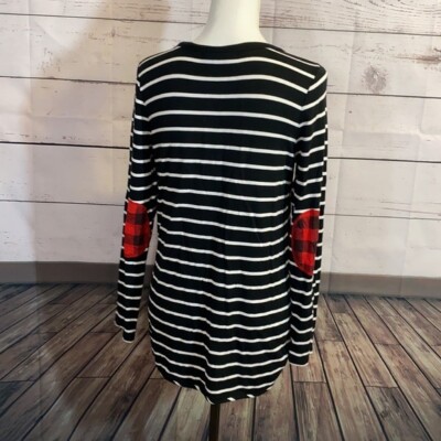 Market Spruce Top Shirt Women Small Black White Stripe Buffalo Plaid Patch Elbow