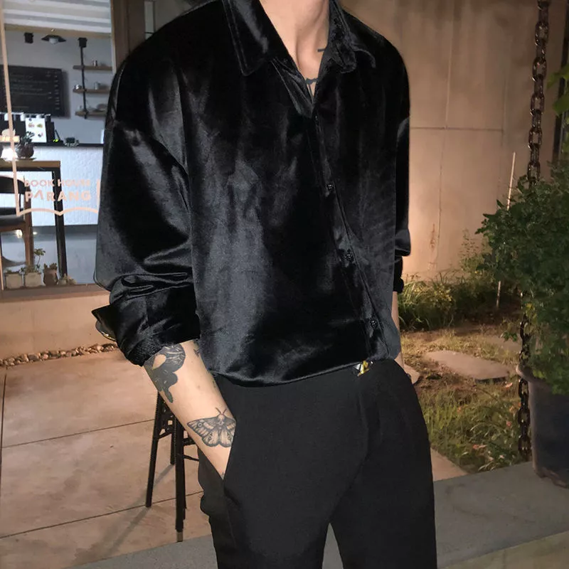 Black velvet top shirt mens