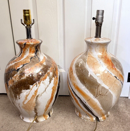 Pair of Mid Century Faux Marble Glaze Lamps 21" H - Picture 3 of 13