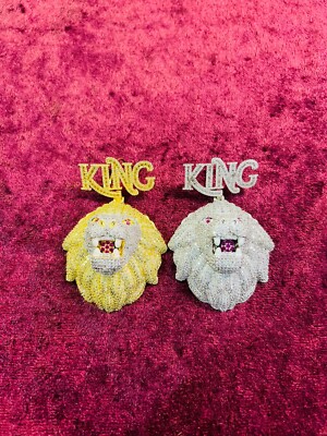 14k Gold Finish King with Lion Face Hip Hop Simulated Diamond Charm Pendant w/ R