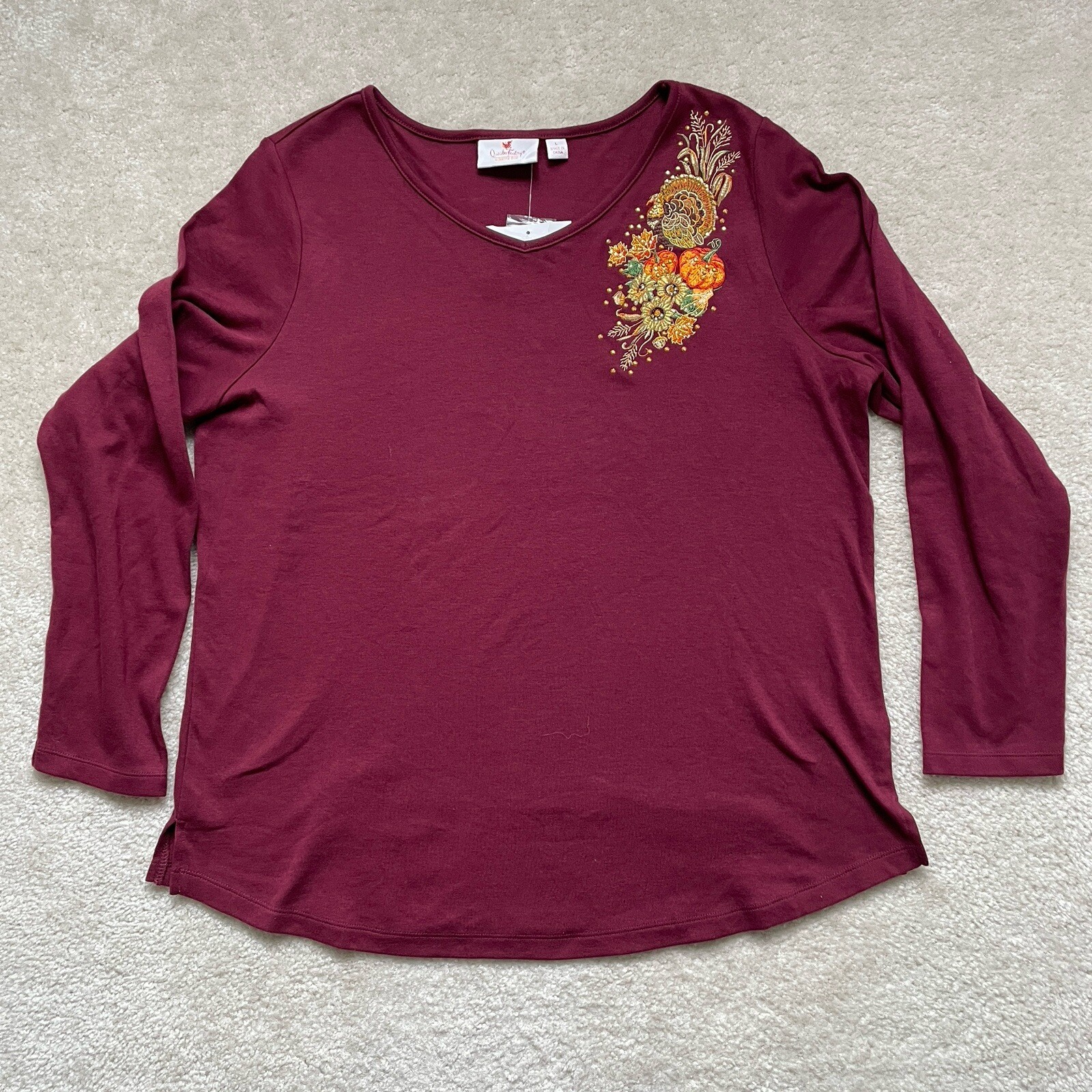Quacker Factory Top Maroon Knit Sparkly Thanksgiving Fall Shirt Large NWT