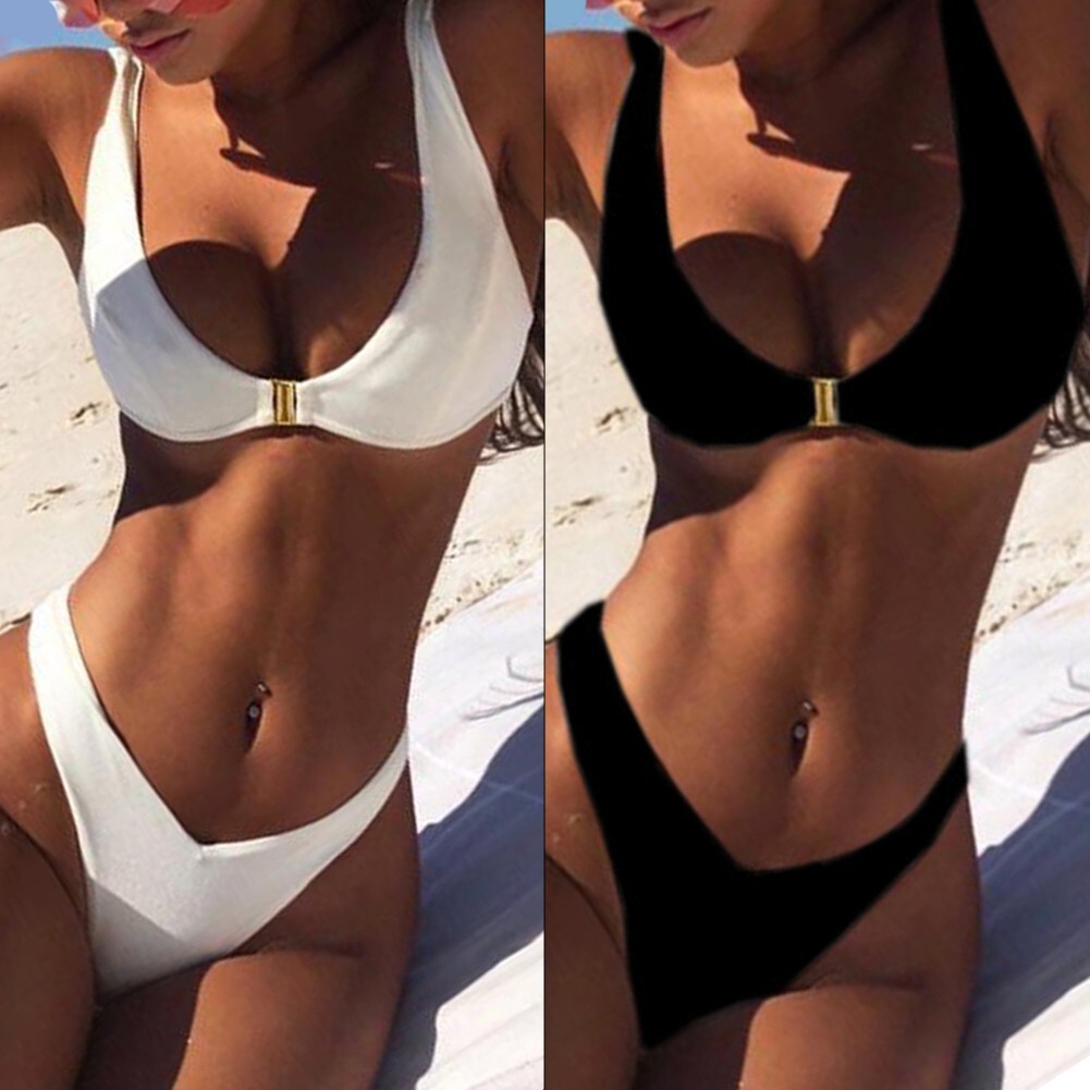 Women's Beach ready High Waist Swimsuit Sexy V Neck Bikini Set Black/White