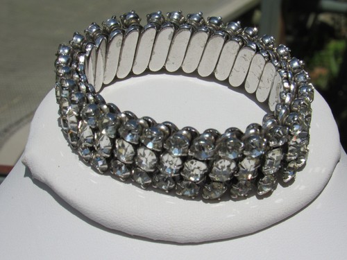 Vintage Clear Sparkling Expansion 3 Stack Stretch Rhinestone Silver Bracelet - Picture 2 of 4
