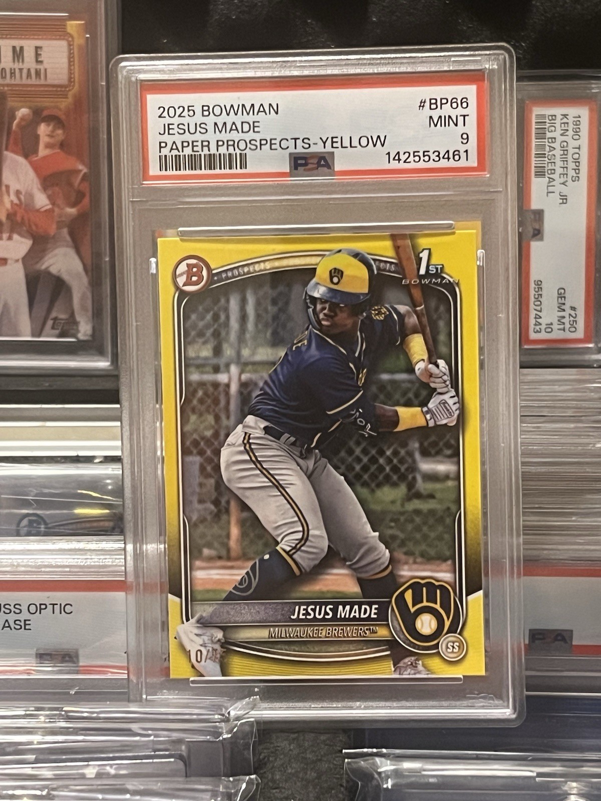 2025 Bowman 1st Paper Jesus Made Yellow /75 PSA 9 Mint Brewers