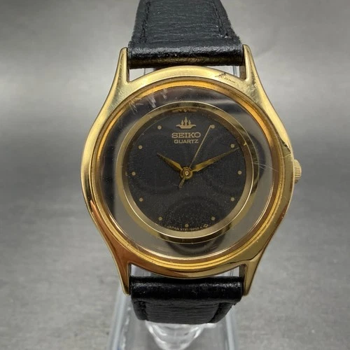 Seiko Watch Men 30mm Black Dial Gold Tone Round 5Y91-6030 New Battery Vintage