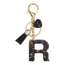 Alphabet Initial Letter Keychain Cute Charm With Tassel Heart Letter R Black