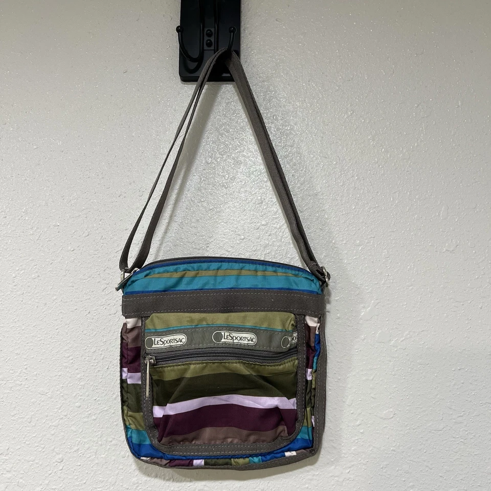 LESPORTSAC Madison 2 молнии через плечо Дамская сумка сумочка сумка фиолетовый мульти полоски EUC - Изображение 2 из 4