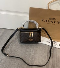 Coach Signature Canvas Box Bag Black Brown Leather Trim Crossbody Top Handle