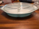 Vintage Pyrex Turquoise Snowflake Divided Oval Dish & Lid 1.5 qt. Ovenware USA