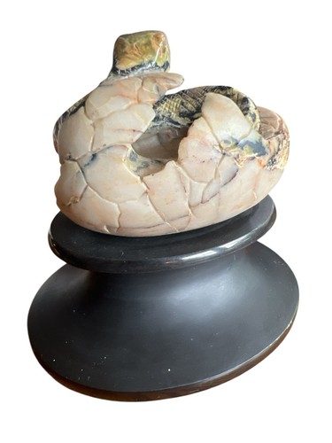 Snake Art Sculpture Carved Rock Statue Coiled Rattlesnake Serpent On Base - Picture 3 of 4