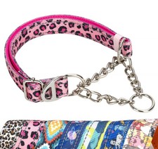 Reflective Martingale Collar with Chain Pink Leopard Choker M Neck12"-17" , 7